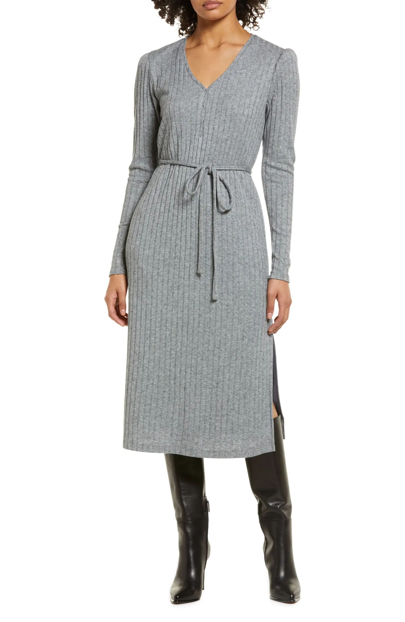 Rib Tie Waist Long Sleeve Sweater Dress | Nordstrom
