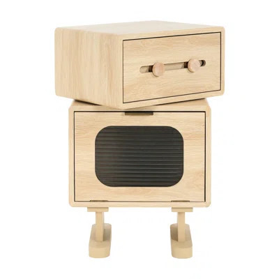 Natural - Colored Rotating Robot Side Table With Elegant Glass Door, Convenient Drawer, And Elevated Design For Living Areas Smooth Airflow Promoting | Wayfair North America