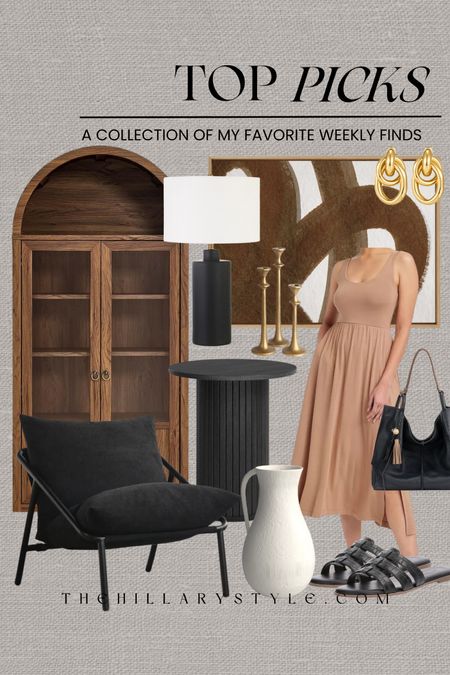 My Weekly Top Pucks: fashion, and home from Amazon, Wayfair, Target, Walmart. Arch cabinet, accent chair, side table, lamp, wall art, vase, candlestick holders, gold earrings, handbag, sandals.

#LTKHome #LTKSeasonal #LTKStyleTip