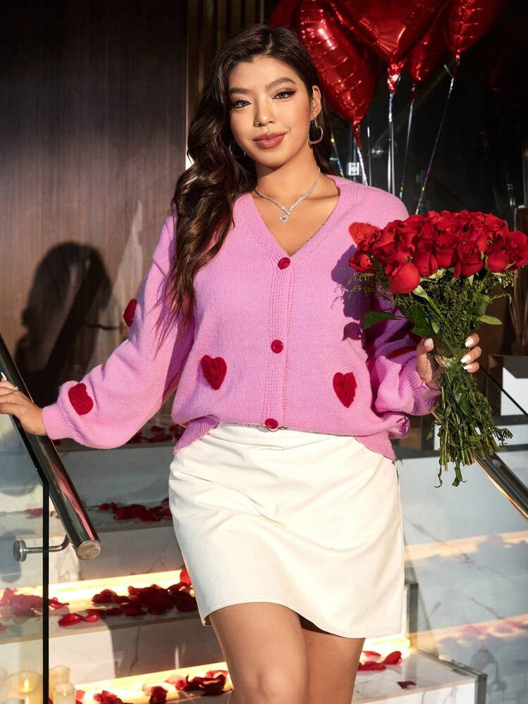 Pink Chunky Cardigan Sweater  w/3D Red Hearts  | SHEIN