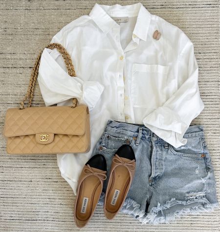 Casual spring and summer outfit with linen blend button down paired with cut off jean shorts that are my absolute favorite paired with flats and accessories for a chic look. Shorts run larger so I recommend sizing down! Great outfit for spring, vacation outfit, travel, date night and more 

#LTKSeasonal #LTKstyletip