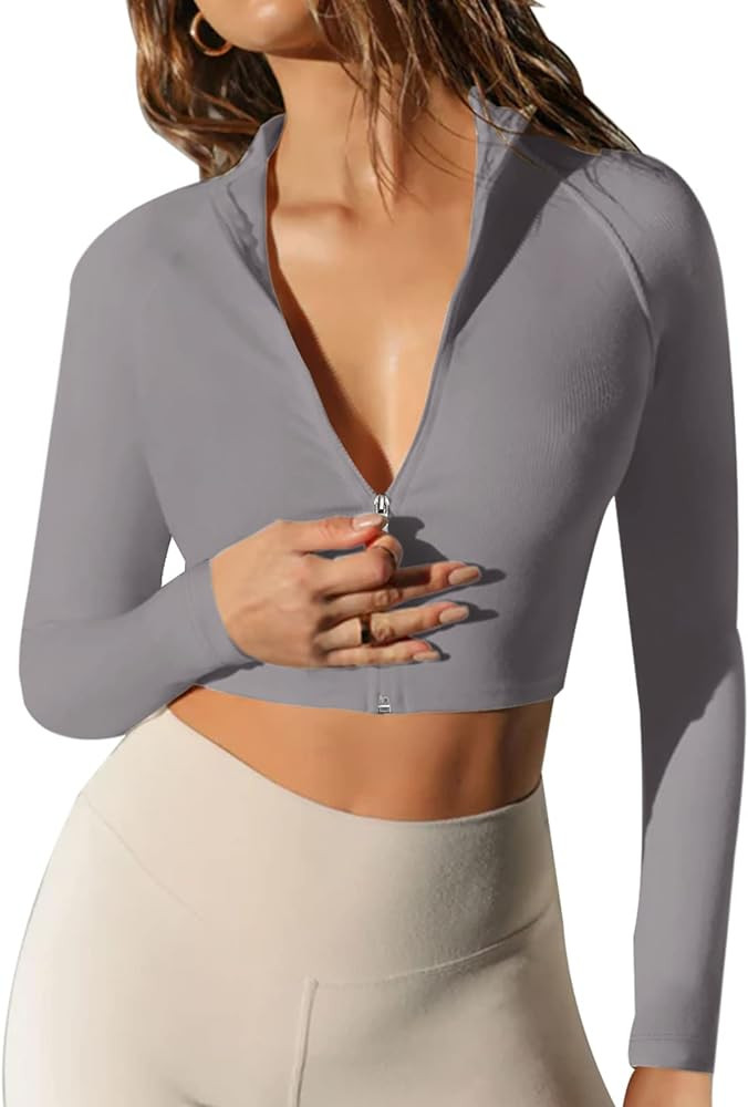 LASLULU Womens Zipper Workout Top Seamless Long Sleeve Ribbed Yoga Athletic Shirt Cropped Sweatsh... | Amazon (US)