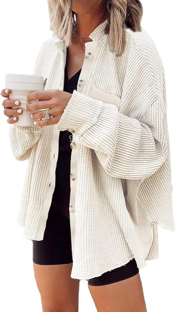 Women Henley Neck Button Down Blouse Waffle Knit Shacket Batwing Sleeves Casual Boyfriend Tops Shirt | Amazon (US)