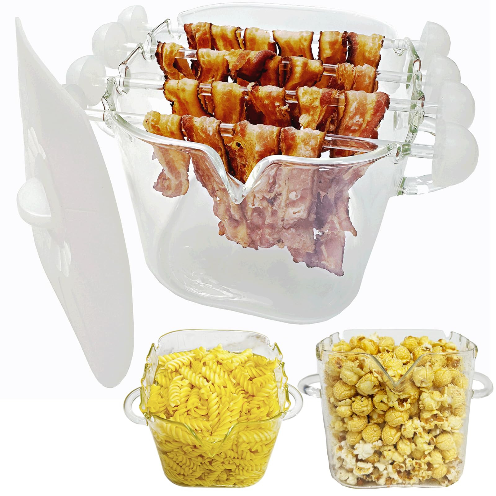 Glass Microwave Bacon Cooker, Microwave Popcorn Popper, 100oz Glass jar with Silicone Lid, Ramen Noodle Bowl and Vegetable Steamer, with Removable Glass skewer, Make 16pcs bacon one time | Amazon (US)