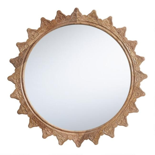 Round Natural Carved Wood Sun Mirror | World Market