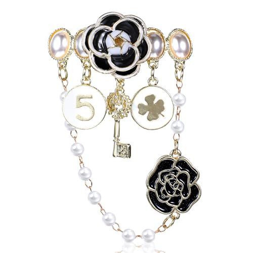 Dimeho Imitation Pearl Dangle Chain Brooch Vintage Lapel Pins and Brooches for Women Four Leaf Clover Brooch Number 5 and Camellia Brooch Pin Elegant Rhinestone Jewelry Gifts for Wedding | Amazon (US)
