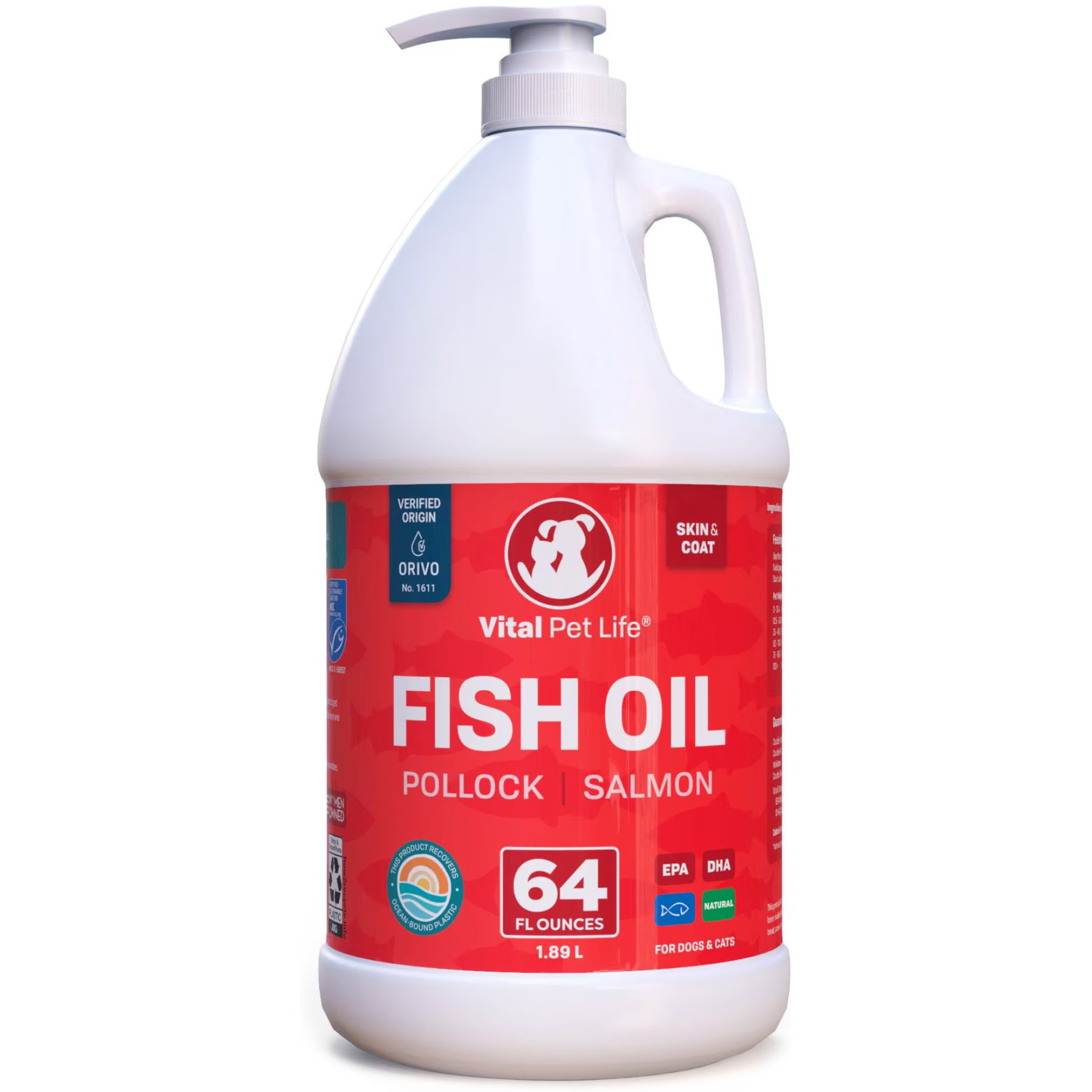 Vital Pet Life Wild Alaskan Fish Oil Skin & Coat Health Liquid Supplement for Cat & Dog, 64-oz bottle | Chewy
