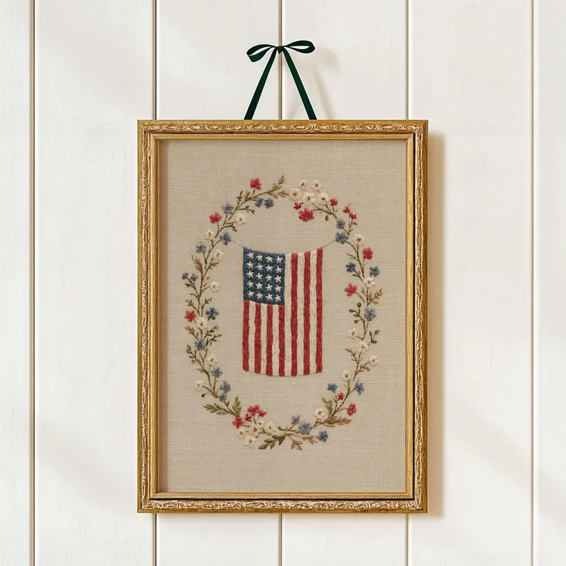 Vintage American Flag Embroidery Wall Art, Patriotic Floral Wreath Print, 4th of July Decor - Ets... | Etsy (Global)