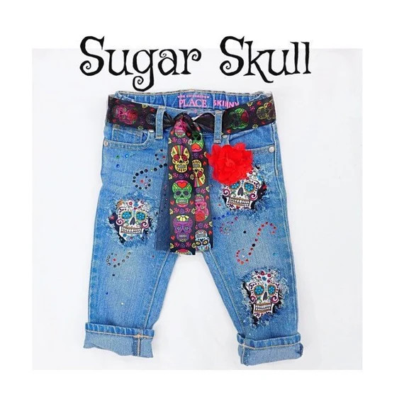 Girls infant baby toddler child teen adult Halloween sugar skull embellished distressed jeans | Etsy (US)
