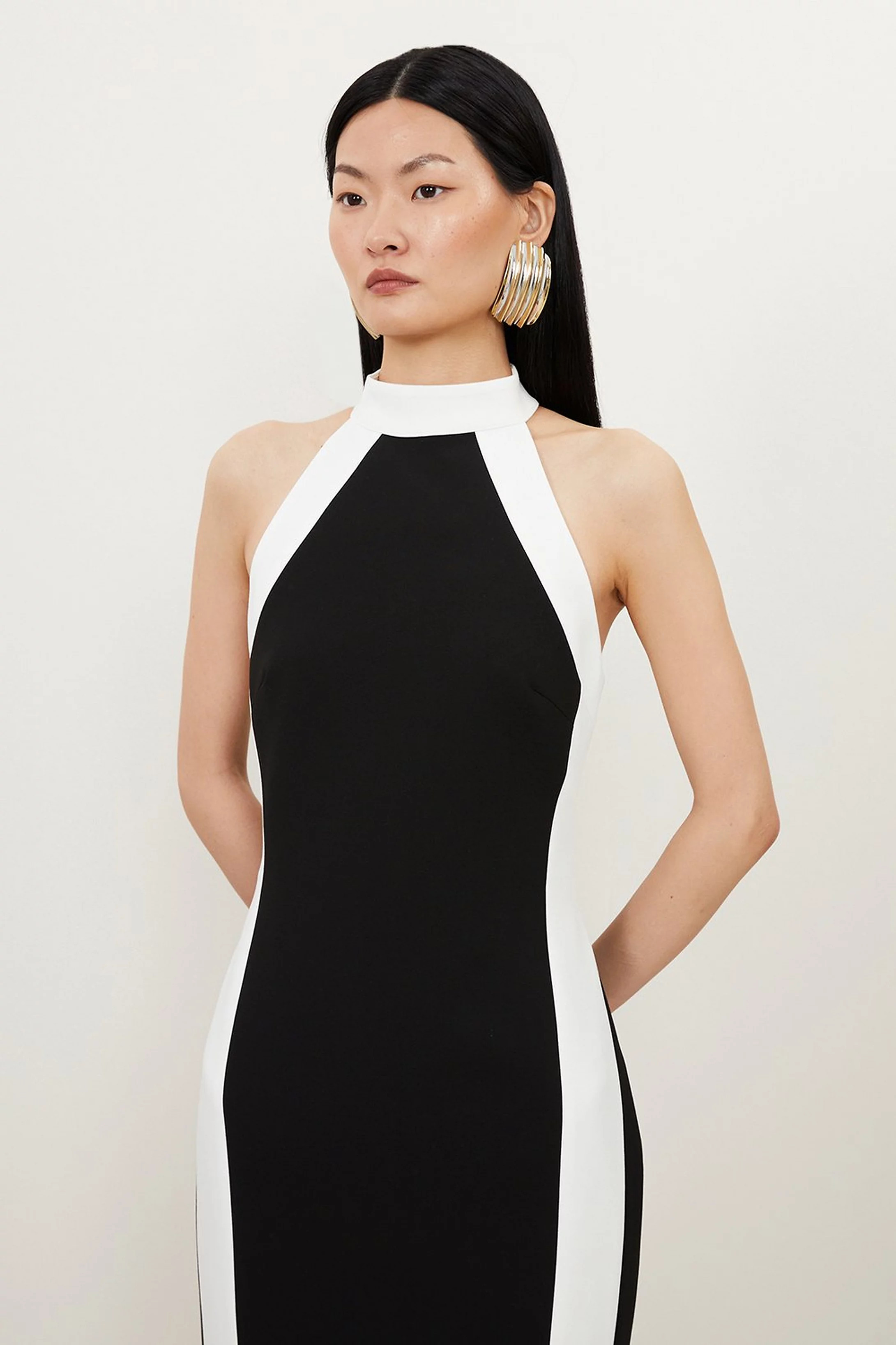 Petite Compact Stretch Contrast Halter Neck Midi Dress | Karen Millen UK + IE + DE + NL
