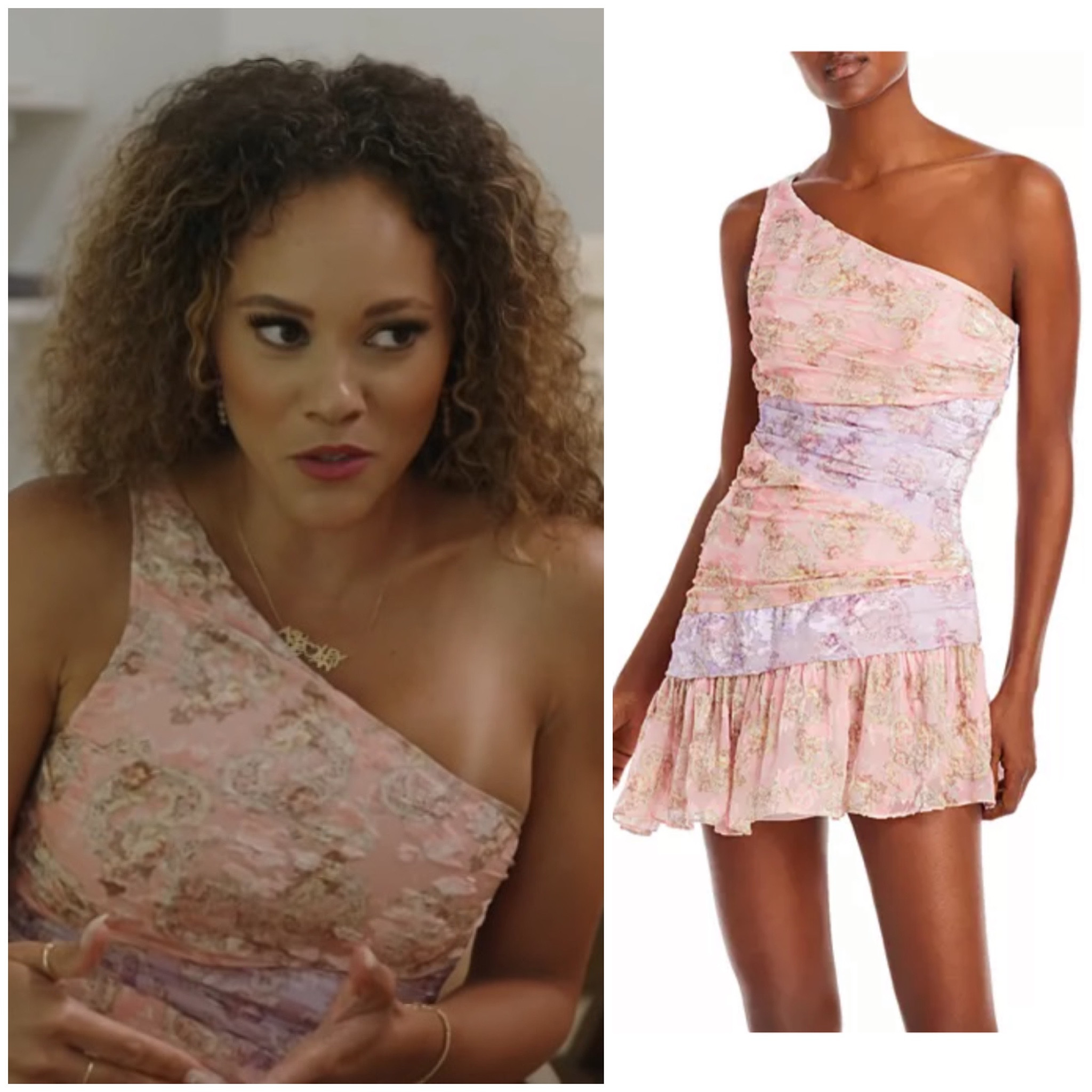 Ashley Darby’s Pink and Purple Floral One Shoulder Dress