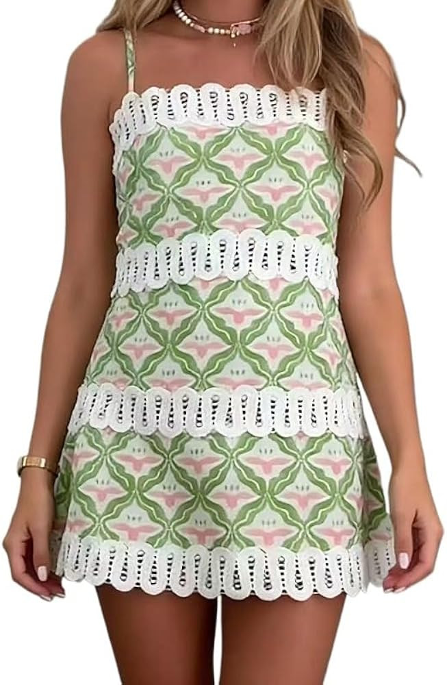 Women's Summer Linen Spaghetti-Strap Lace Beach Resort Dress | Amazon (US)
