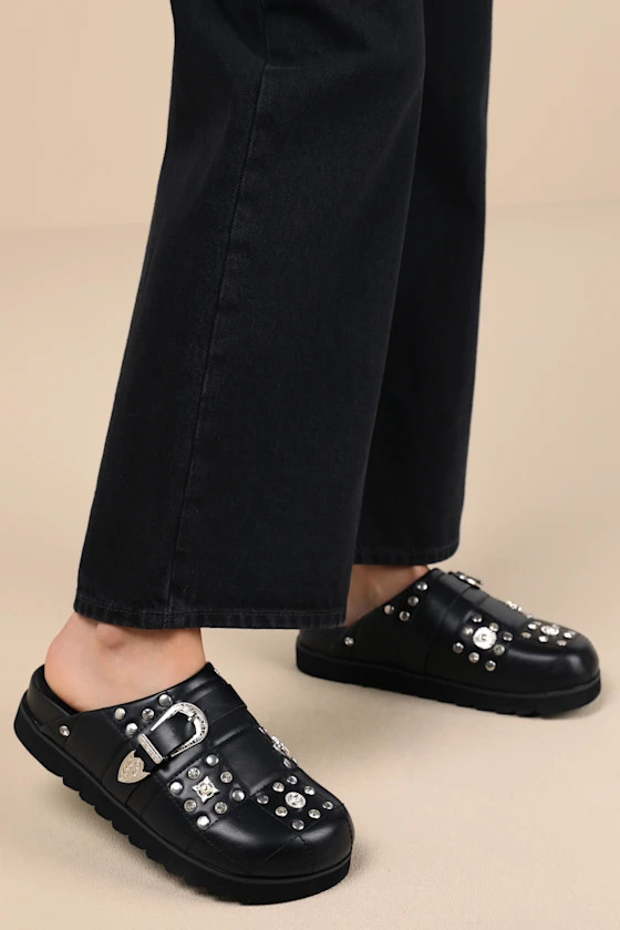 Briten Black Studded Flatform Buckle Mule Slides | Lulus