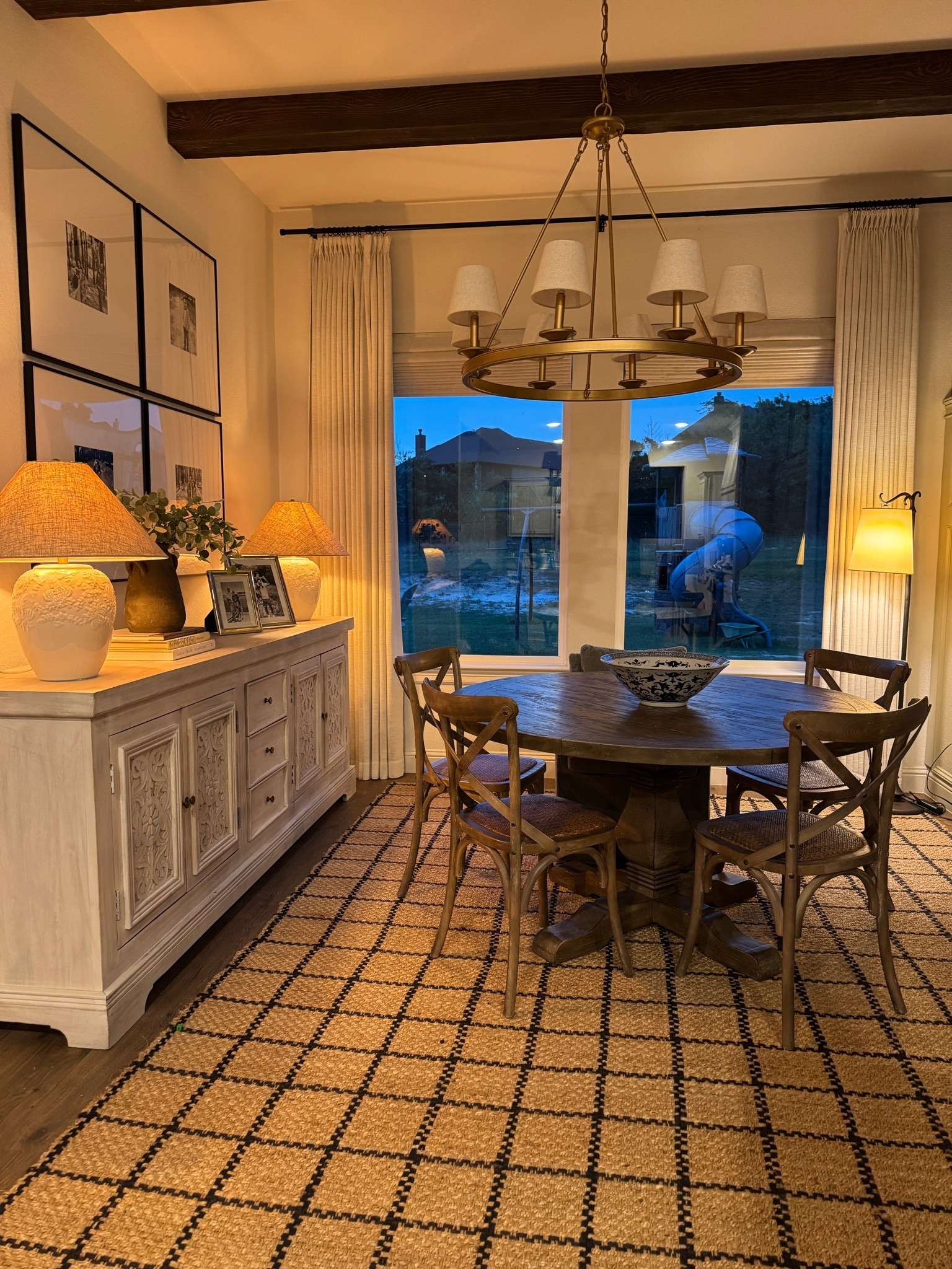 Lamp o’clock, dining nook, dining table, dining chairs, chandelier, picture frames, curtains, curtain rod, sideboard, rug, Loloi

#LTKHome #LTKmomlife #LTKdayinmylife
