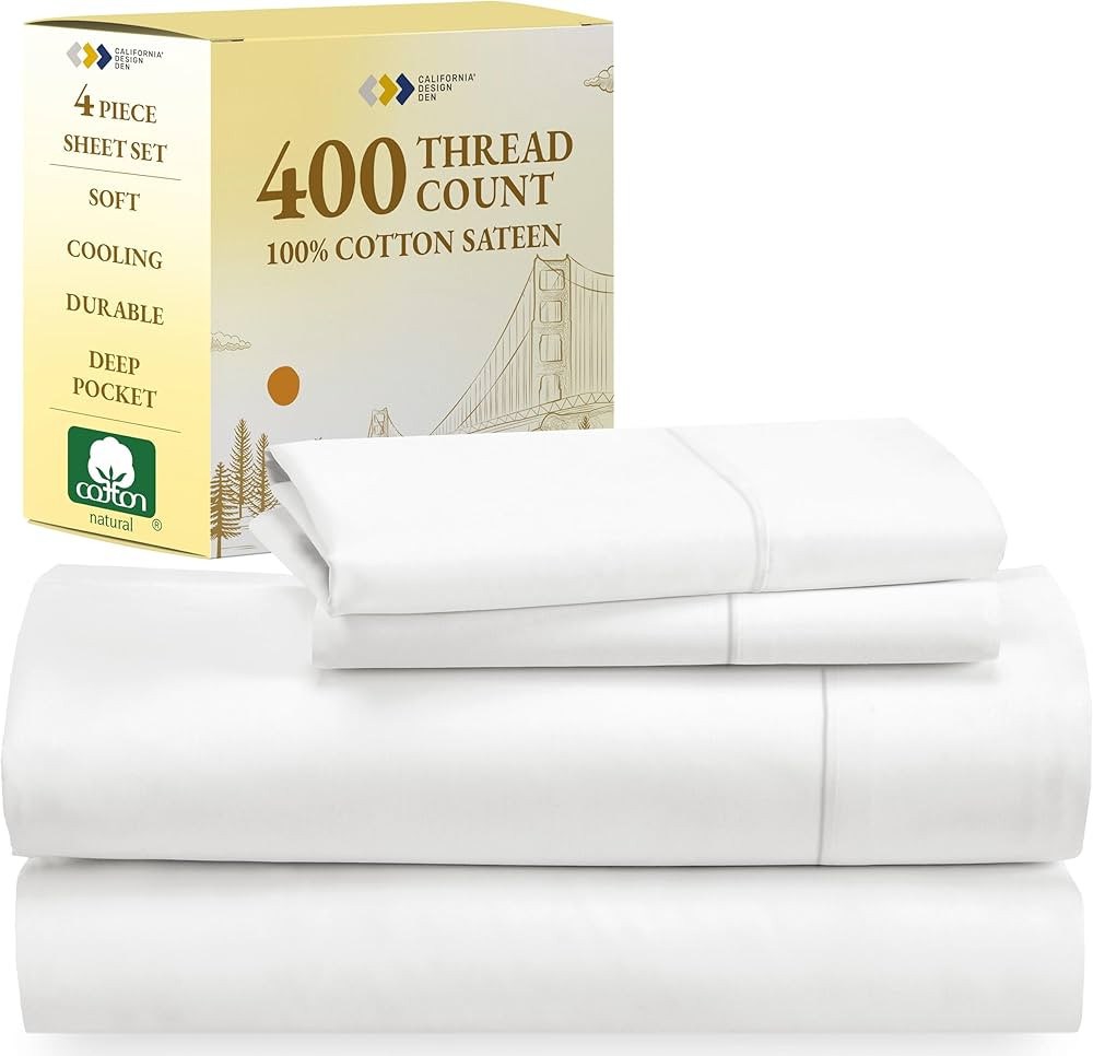 California Design Den Queen Sheet Set - Soft 400 Thread Count Sateen, Natural 100% Cotton Sheets,... | Amazon (US)