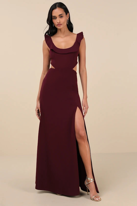 Captivating Charisma Plum Ruffled Cutout Tie-Back Maxi Dress
            Lulus
         $98
     ... | Lulus
