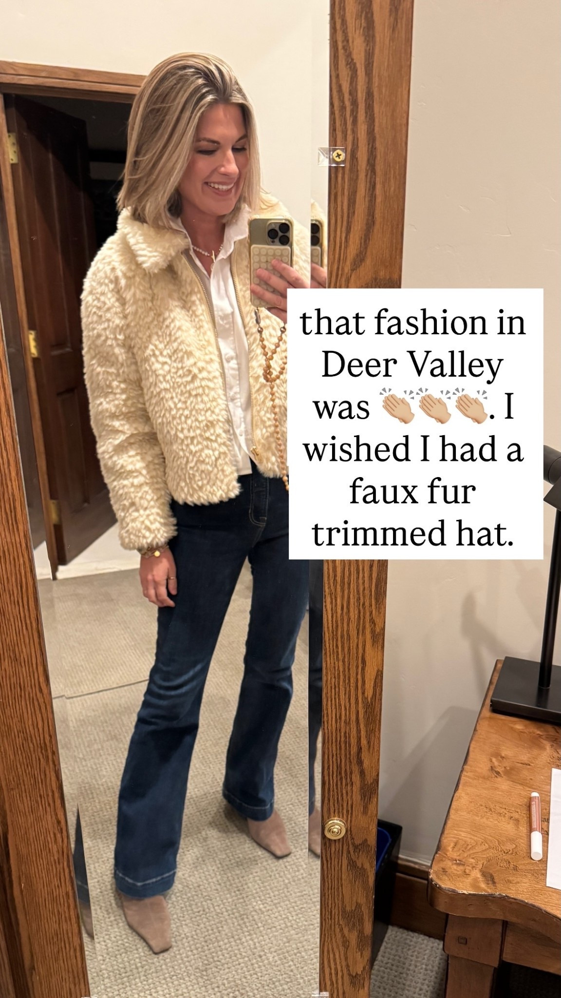 that fashion in Deer Valley was 👏🏼👏🏼👏🏼. I wished I had a faux fur trimmed hat.  Use new customer discount RACHELXSPANX on the jeans.  I am 5’11” in 6 tall. These have great waist compression without feeling pinched.  Small tops. Sharing similar faux fur cropped jackets.  

#LTKOver40 #LTKgrwm #LTKTall