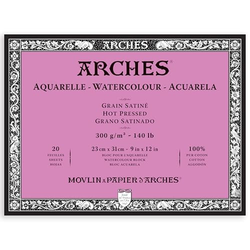 Arches Aquarelle Watercolor Block, Hot Pressed, 140lb/300gsm, 20 Sheet, 9x12 inch, Watercolor Paper 100% Cotton | Amazon (US)