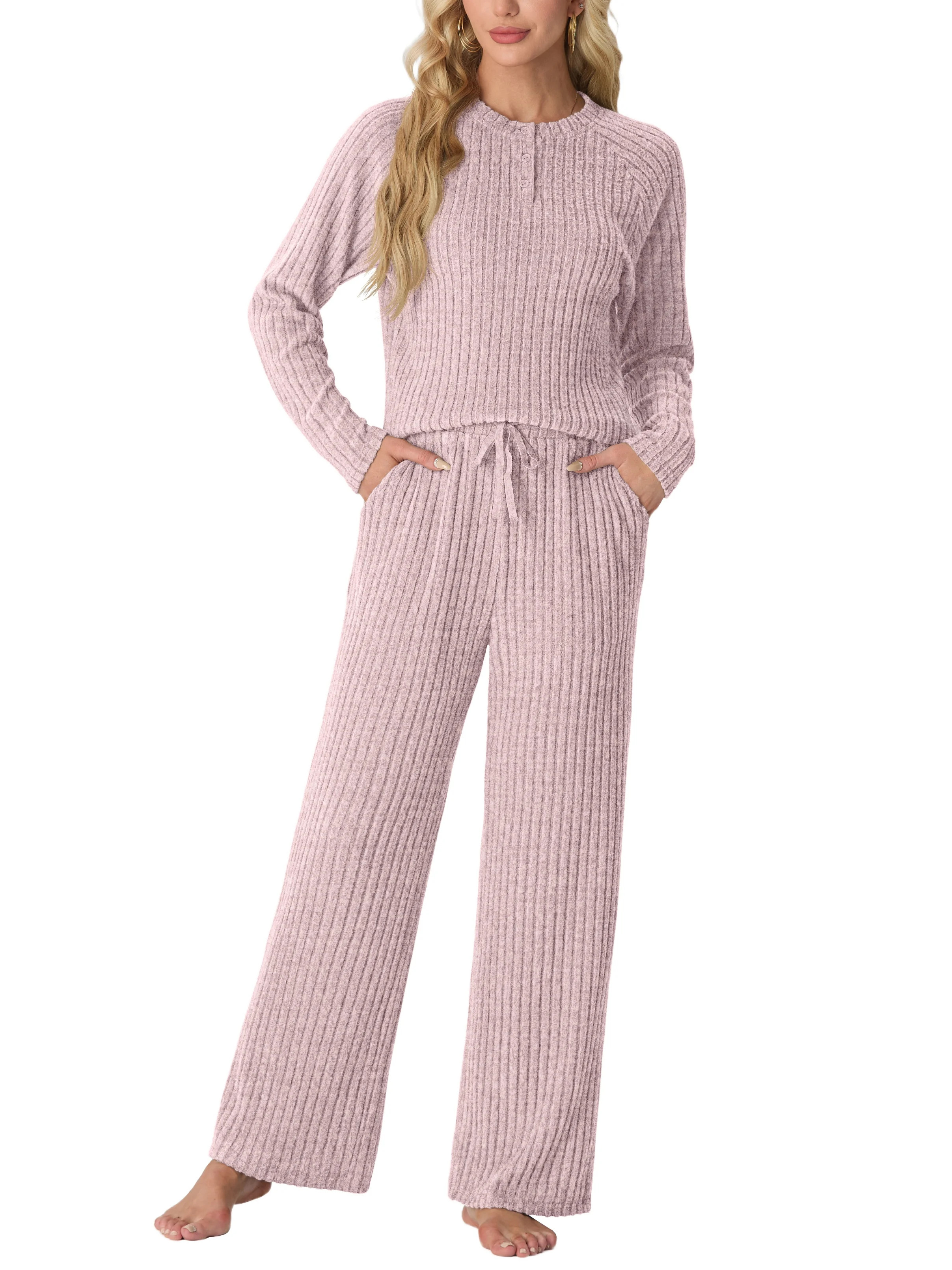 MINTREUS Women's Pajama Set Long Sleeve Lounge Set Ribbed knit Sleepwear Two Piece Pjs Set with P... | Walmart (US)