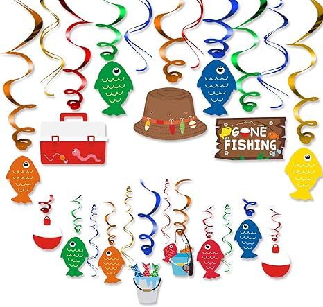 30CT Gone Fishing Party Hanging Swirl Decorations Kit Little Fisherman The Big One Birthday Baby ... | Amazon (US)