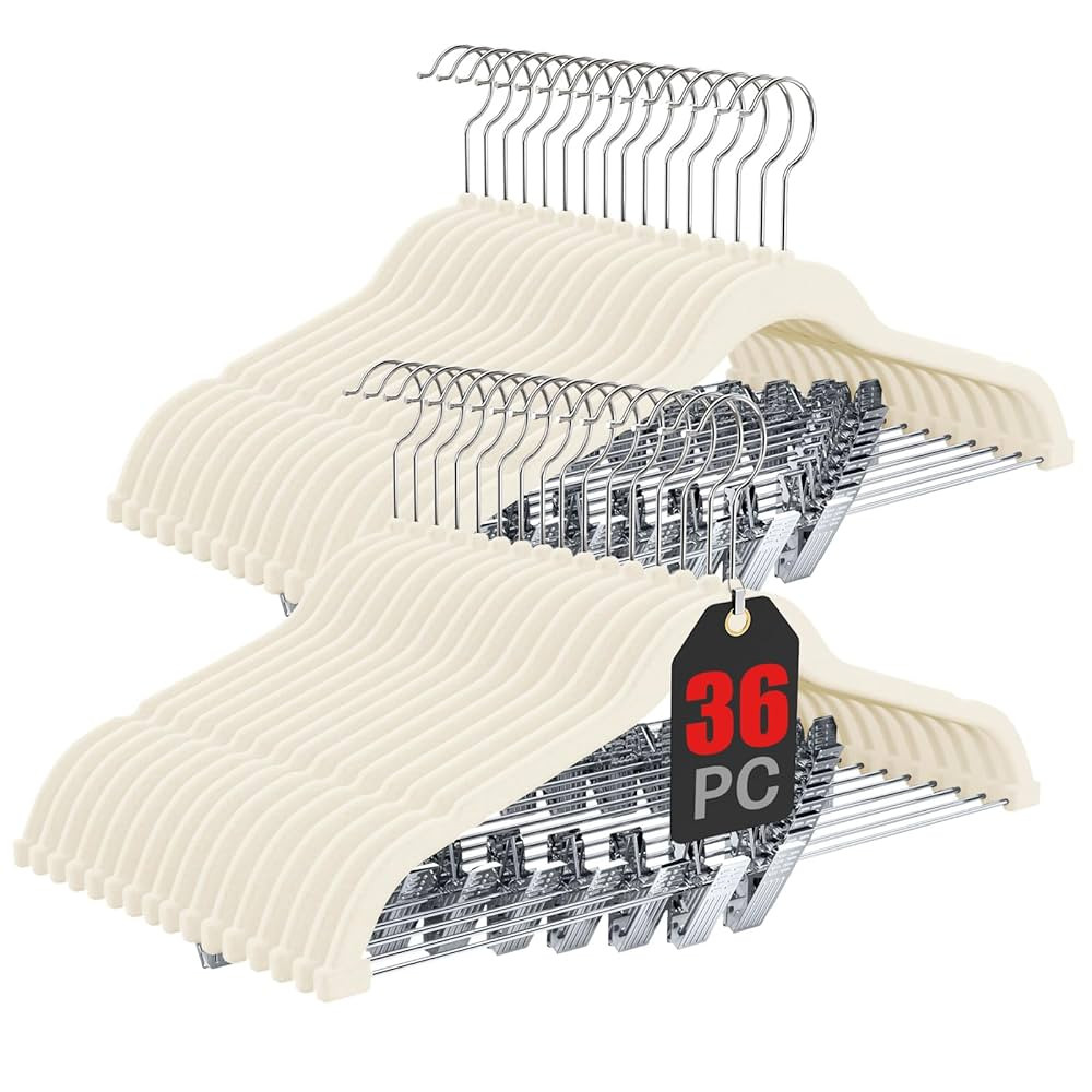 Korpai 36-Pack Beige Velvet Hangers with Clips Adjustable,Adult Hangers,Outfit Hanger,Heavy-Duty,... | Amazon (US)