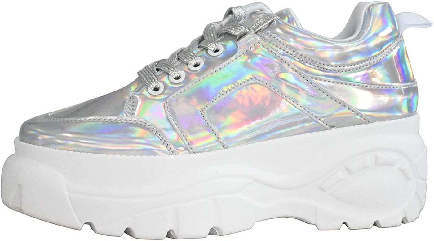 LUCKY STEP Women Chunky Platform Dad Colorblock White Neon Green Fuchsia Hologram Silver Casual Lace-Up Walking Sneakers | Amazon (US)