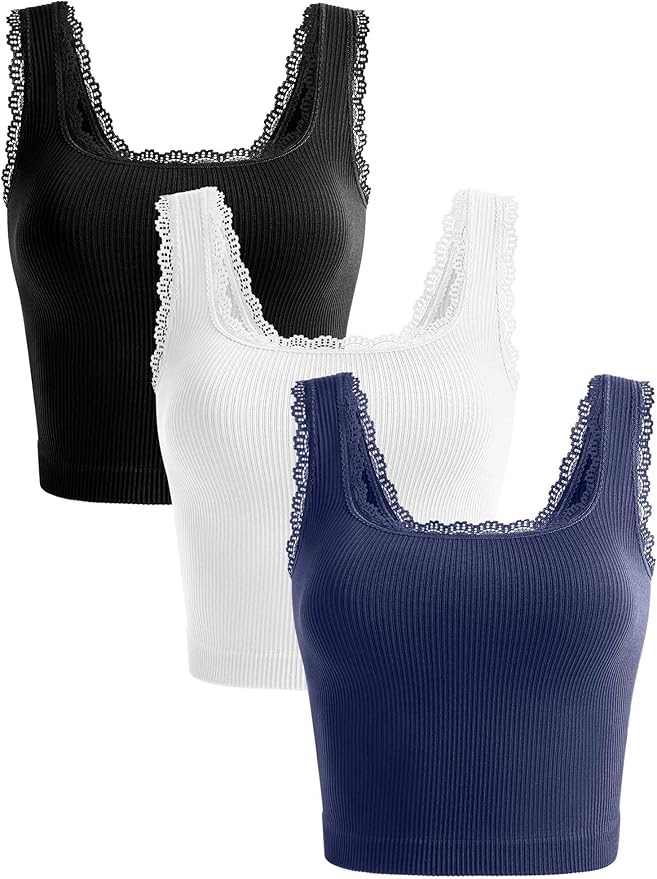 OLCHEE Womens 3 Pack Crop Tank Tops Basic Seamless Ribbed Sleeveless Square Neck Workout Top Summ... | Amazon (US)