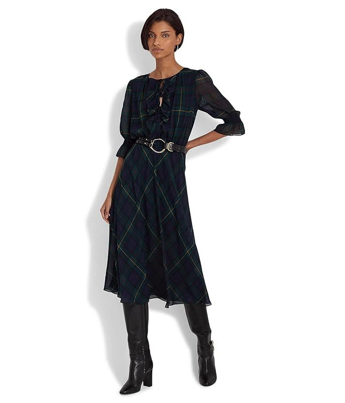 LAUREN Ralph Lauren Plaid Crinkle Georgette Dress | Zappos