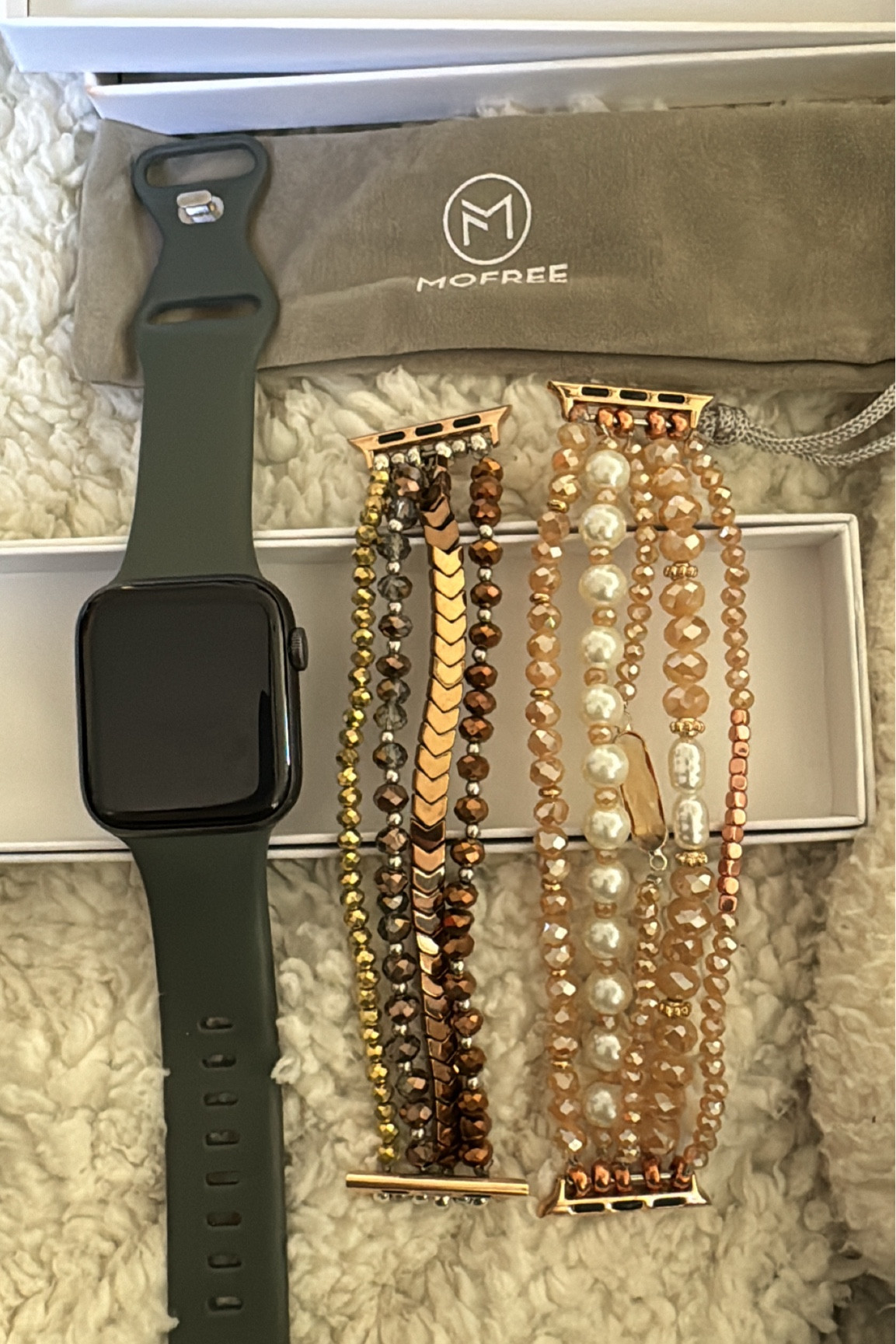 Apple Watch beaded bracelet watch bands. Both stretch over your hand. 
Comes in a variety of colors and sizes. Perfect to dress up any look while still being able to wear your smart watch! 

#LTKWorkwear #LTKFindsUnder50 #LTKWedding
