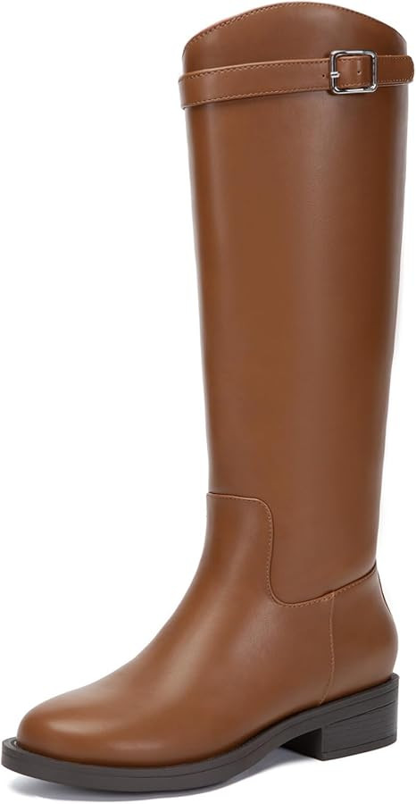Athlefit Women's Knee High Riding Boots Round Toe Low Heel Tall Boots Pull On Long Booties with B... | Amazon (US)