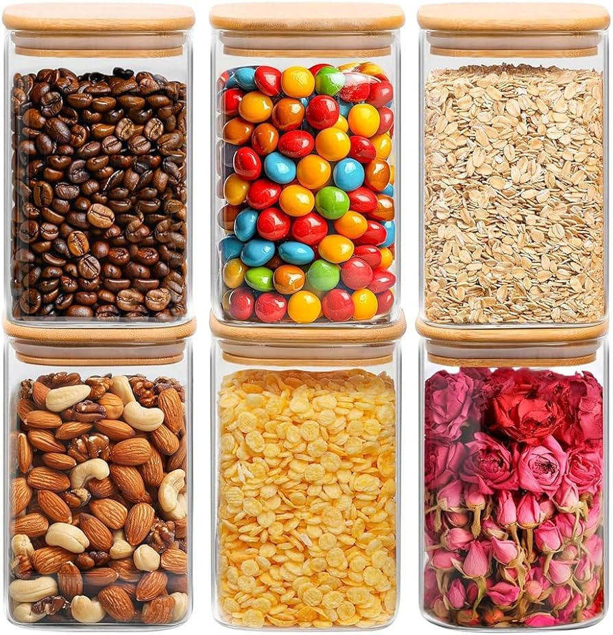 ComSaf 1.2 QT Glass Storage Containers with Lids, Glass Jars with Lids, Clear Food Jar, Square Ca... | Amazon (US)