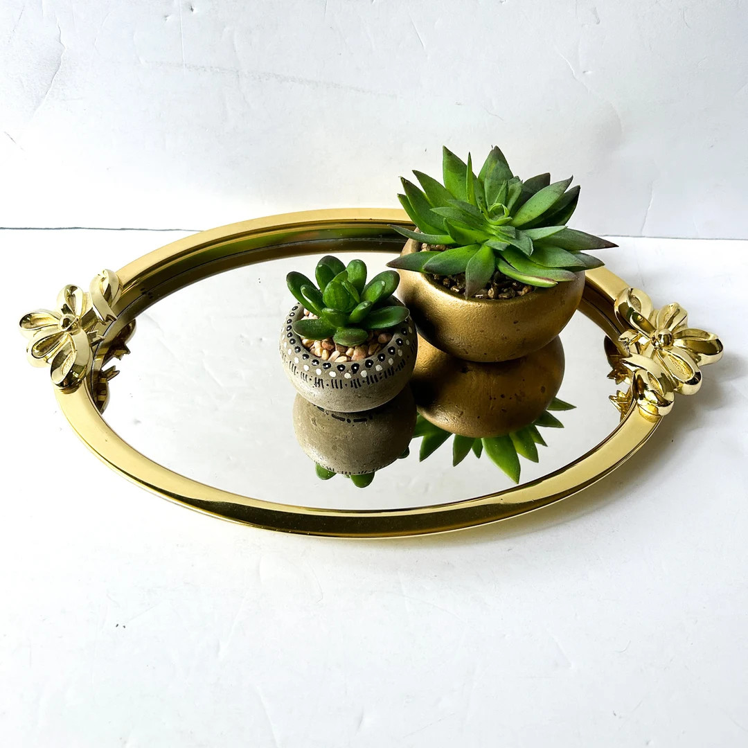 Vintage Mirror Vanity Tray With Gold / Brass Tone Bows, Hanging Wall Mirror - Etsy | Etsy (US)