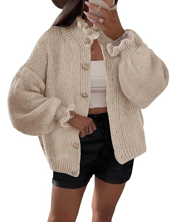 Saodimallsu Womens Ruffle Cardigan Oversized Button Up Fall Trendy Ribbed Knit Open Front Long Sl... | Amazon (US)