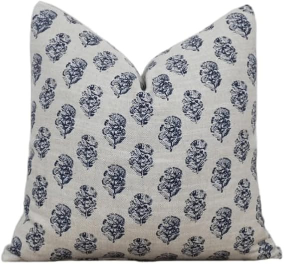 Floral Block Print Pillow Cover in Tan and Navy Blue | Amazon (US)