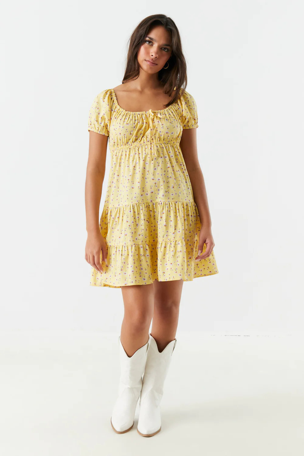 Yellow Floral Milkmaid Tiered Dress | Charlotte Russe