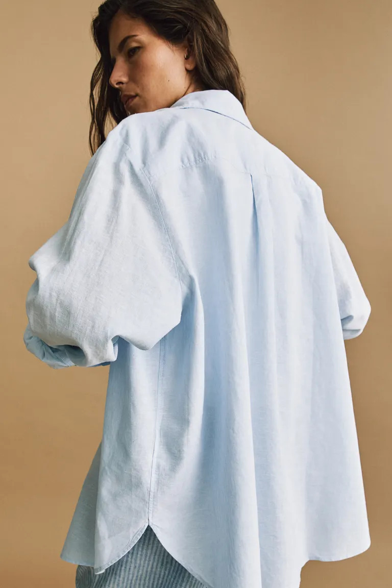 Linen-blend shirt - Long sleeve - Regular length - Blue/White striped - Ladies | H&M GB | H&M (UK, MY, IN, SG, PH, TW, HK)