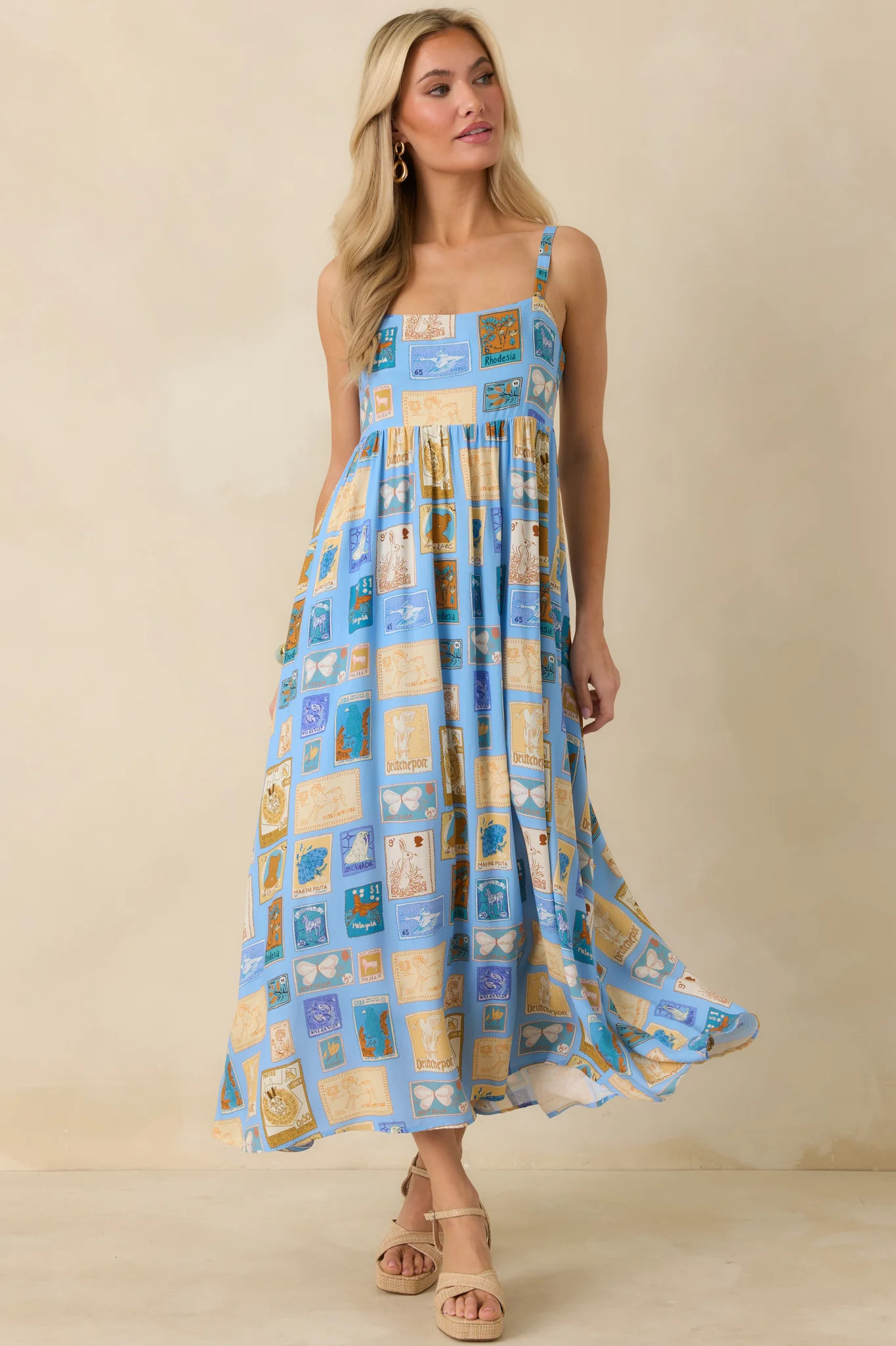 From Far & Away Blue Multi Vintage Stamp Print Midi Dress | Red Dress