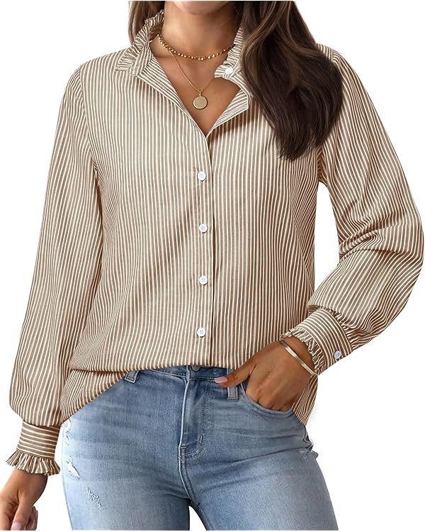 siliteelon Womens Striped Button Down Blouse Dress Casual Long Sleeve Shirt Ruffle Trendy V Neck ... | Amazon (CA)