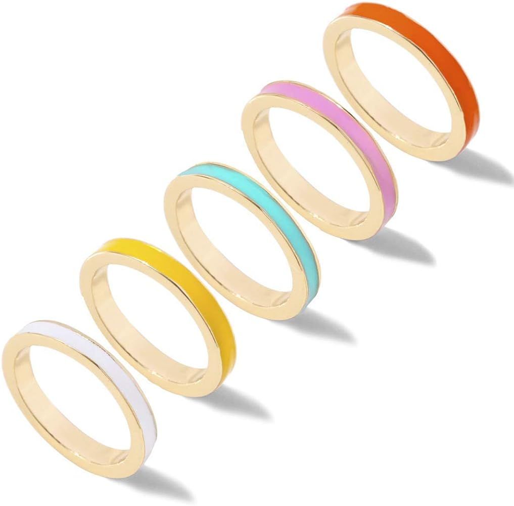 YOOESTORES82 5PC Simple Colorful Bands Stacking Rings Set for Women Girl Teens. Boho Enamel Knuck... | Amazon (US)