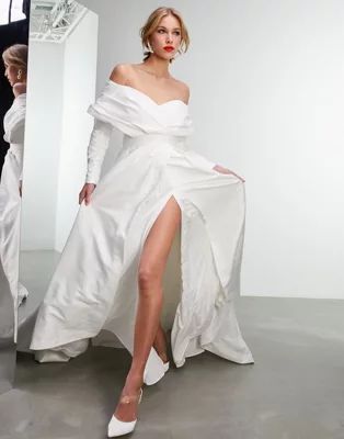 ASOS EDITION Lola satin structured off shoulder wedding dress with full skirt | ASOS (Global)
