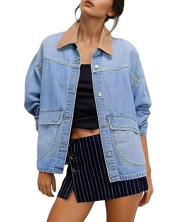 EVALESS Jean Jacket Women Trendy Color Block Denim Jacket Oversized Long Sleeve Button Down Barn ... | Amazon (US)