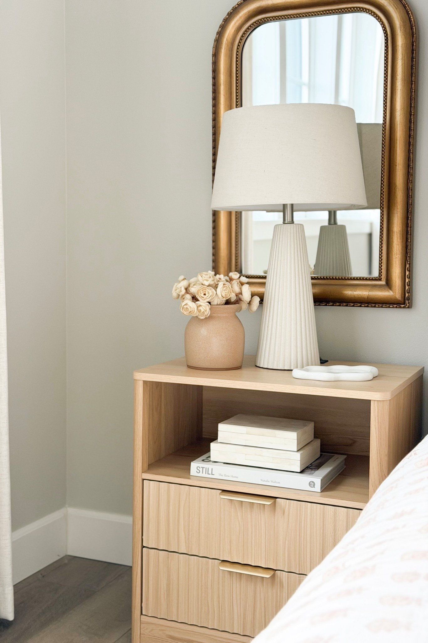 Neutral nightstand styling in Shayla's room!

Home, home decor, home finds, home accents, modern lighting, table lamp, faux florals, coffee table box, decorative storage, bedside table, nightstand, mirror, bedroom inspo

#LTKmomlife #LTKHome #LTKSeasonal
