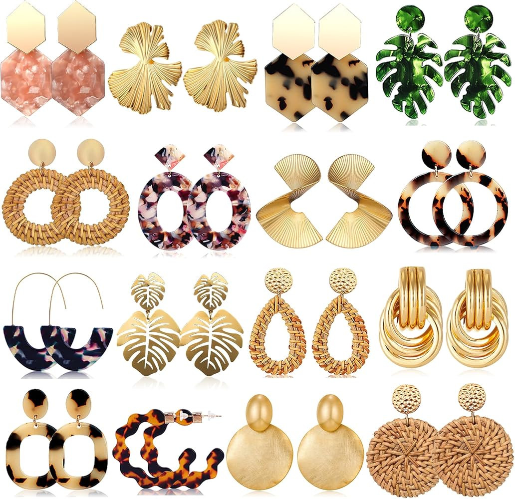 FIFATA Statement Earrings for Women Rattan Earrings Big Gold Geometric Drop Dangle Earrings Set B... | Amazon (US)