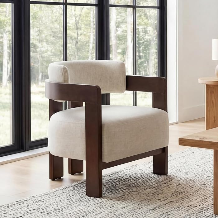 DAYALANE Beige Barrel Accent Chair, Cozy Upholstered Linen Living Room Chair for Bedroom, Walnut ... | Amazon (US)
