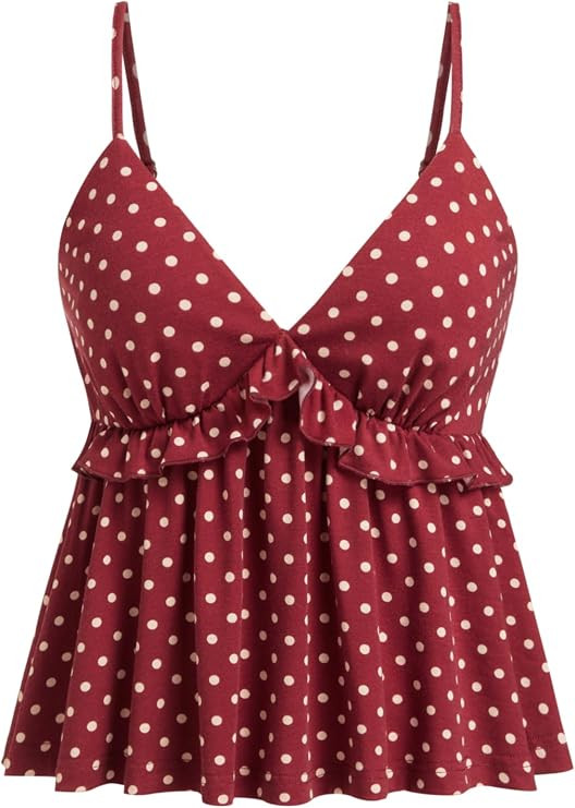 CIDER Polka Dot Babydoll Tops for Women Cute V Neck Sleeveless Flowy Tops | Ruffle Crop Tank Top,... | Amazon (US)
