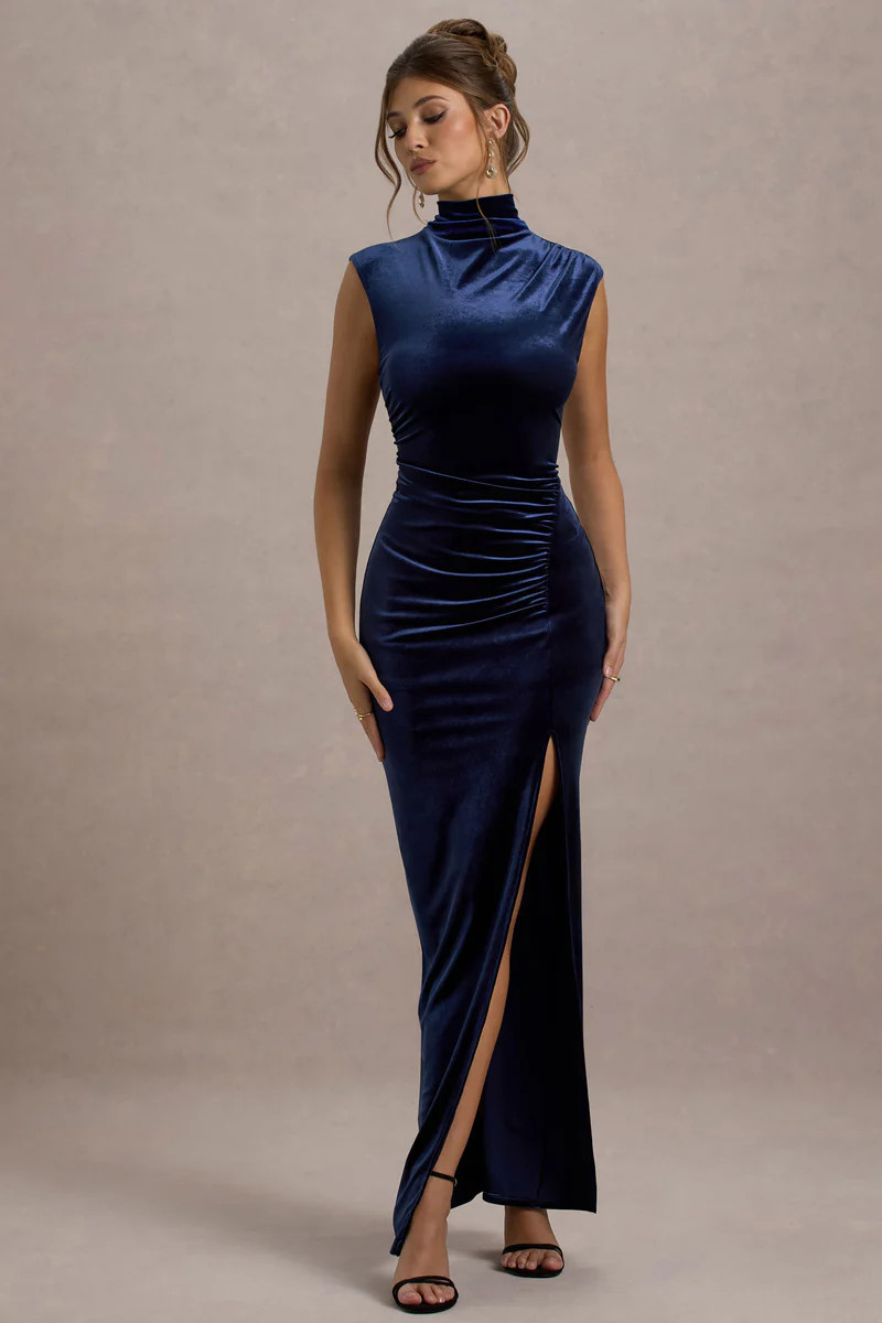 Abilene | Navy Velvet High-Neck Split Maxi Dress | Club L London IE