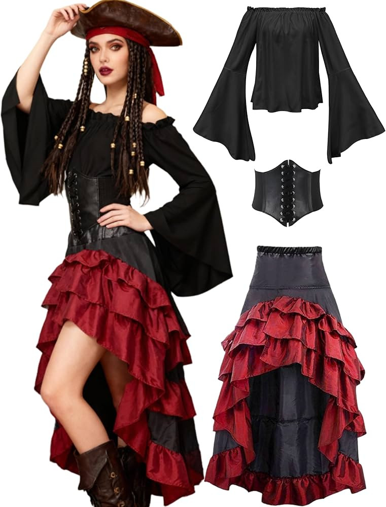 Verceco Pirate Costume Women with Renaissance Pirate Shirt Skirt Corset Waist Belt (Black+Red, L) | Amazon (US)