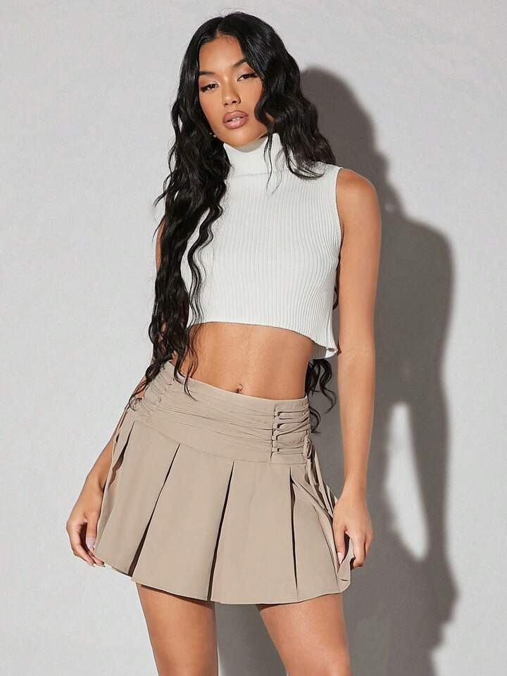 SHEIN BAE Women's Pleated Skirt With Intricate Criss-Cross Tie Details At The Waist | SHEIN