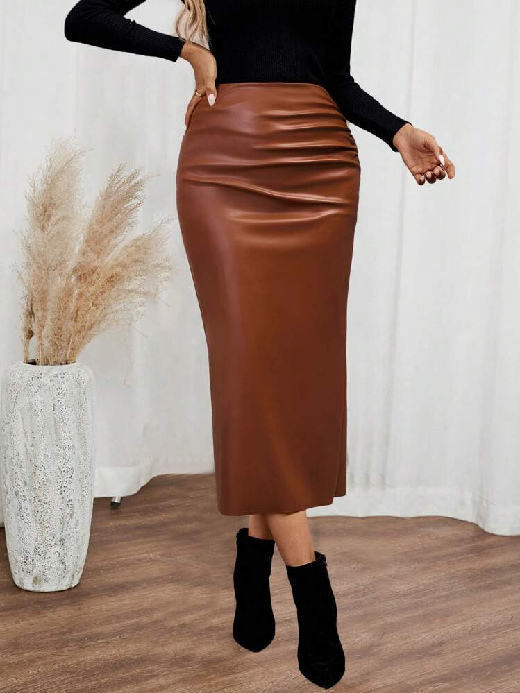 EMERY ROSE 1pc Women Solid Color PU Leather Pleated A-Line Maxi Skirt | SHEIN