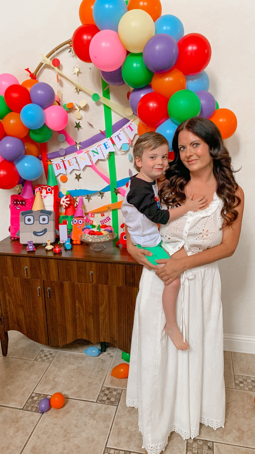 DIY Party Decor:
•number blocks birthday party t-shirt 
•backdrop stand
•DIY ballon garland 🎈(red, orange, yellow, green, blue, purple, & pink)
•gold star garland ⭐️ 
•streamers (red, orange, yellow, green, blue, purple, & pink)
•polka dot streamers (multi color)
•paper chain (Made with construction paper and staples, so easy!)
•rosette cake with multi color sprinkles 🎂 @kroger (the best kept secret! Kroger bakery it’s SO GOOD! ‼️This cake was only $9.99)
•green 4 birthday candle 💚 
•polka dot paper plates and napkins 
•happy birthday cake topper with gold stars 
•number blocks plushies 
•number blocks cars
•number blocks toys
•Bennett name banner (homemade with card stock! So easy!)
•Party hats 🥳 (homemade with construction paper and pom poms)

#LTKmomlife #LTKKids #LTKvlog